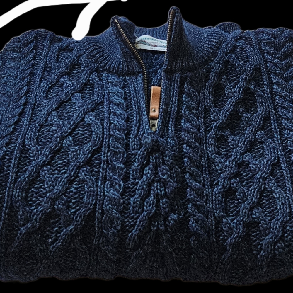 Aran Crafts Men's Atlantic blue 1/2 Zip Cable Knit Zip Sweater $189 - Picture 3 of 16